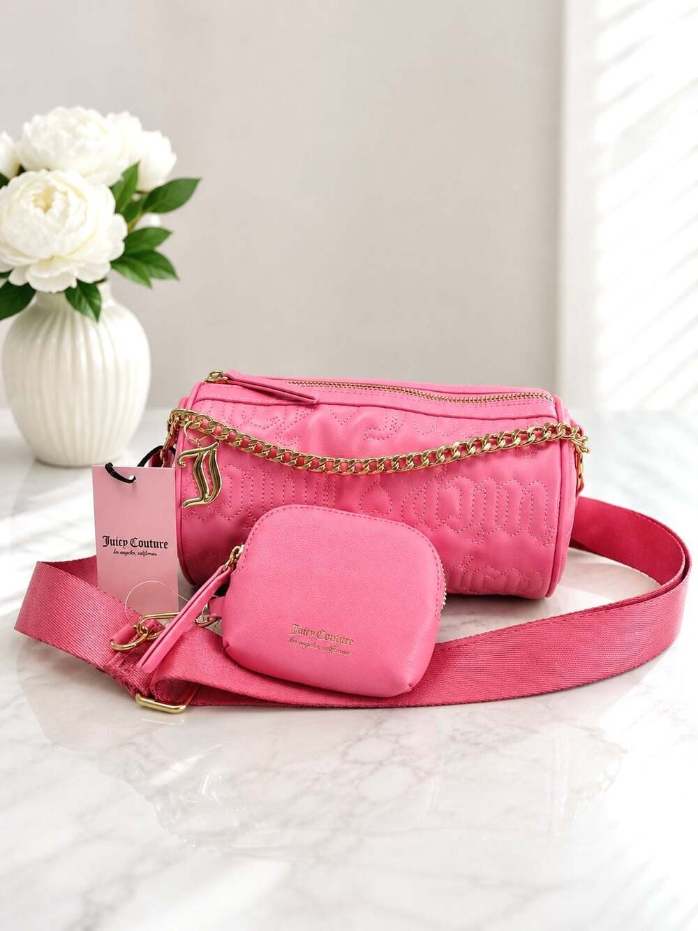 Juicy Couture Pink Quilted Barrel Crossbody Bag with Coin Pouch